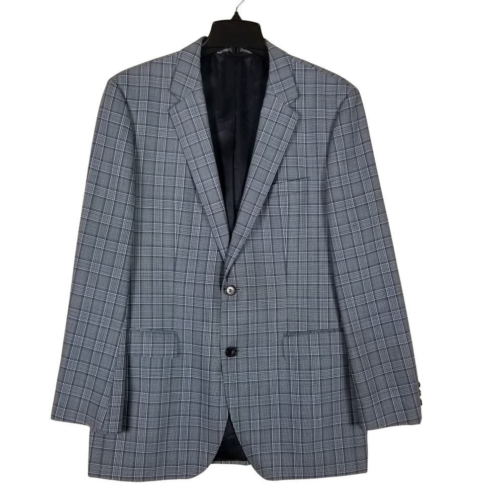 Hugo Boss Blazer Mens 42L Grey The James4 Plaid Virgin Wool Sport Coat
